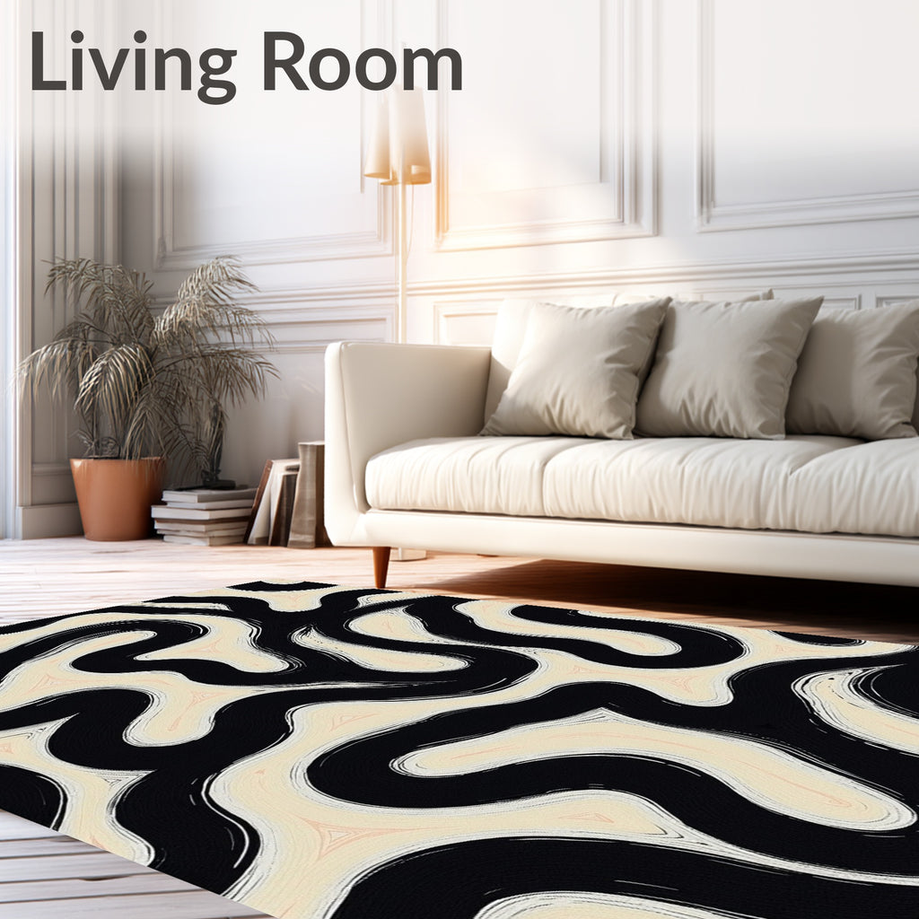 Black Cream Wavy Abstract Brushstroke Rug