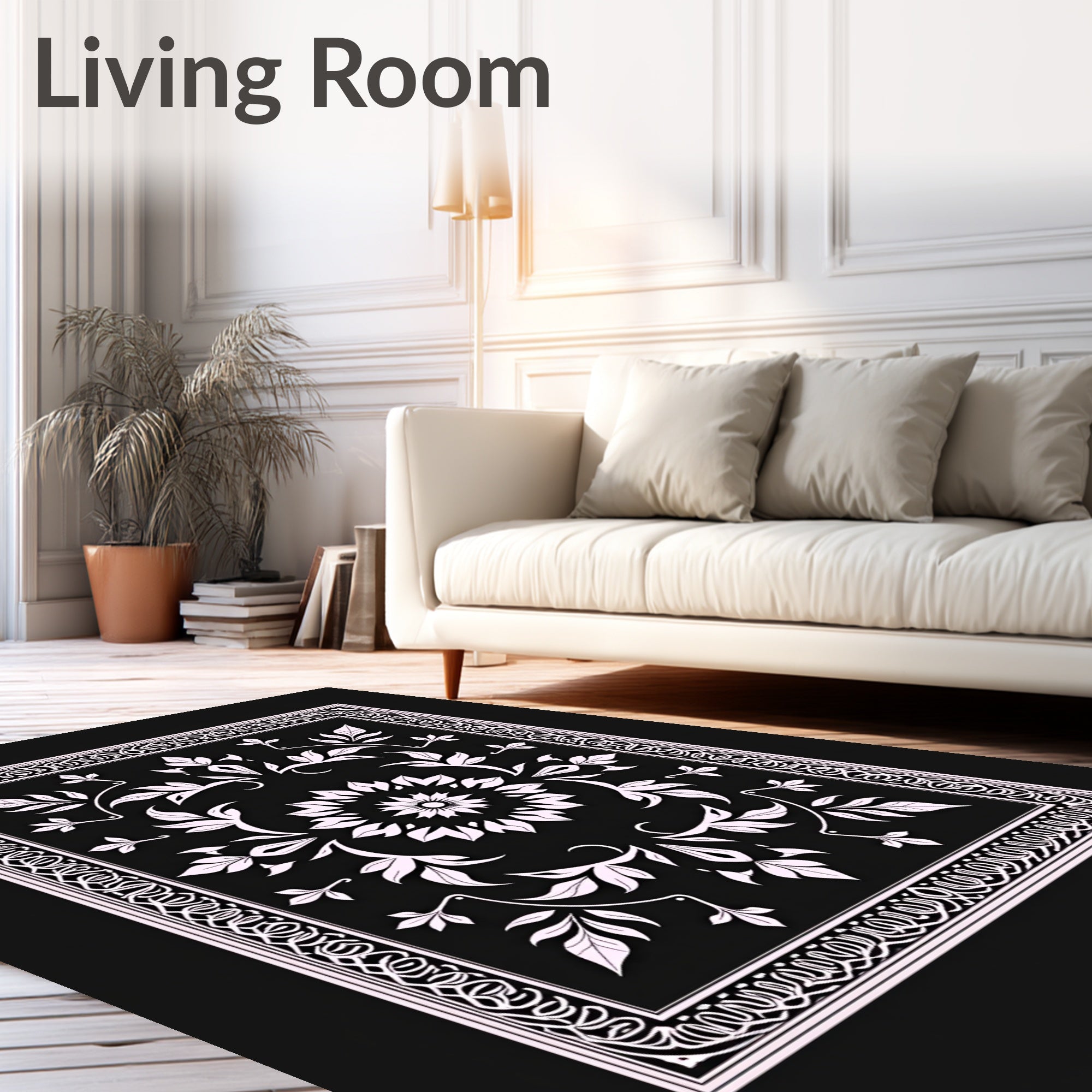 Ornate Floral Vine Black White Rug