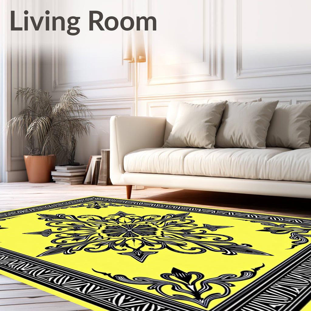 Bold Black Yellow Ornate Design Rug