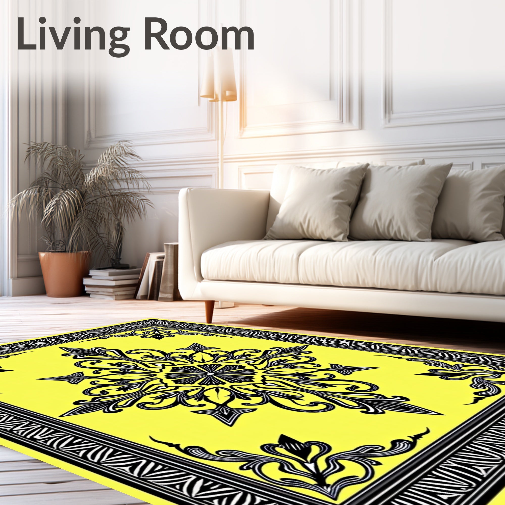 Bold Black Yellow Ornate Design Rug
