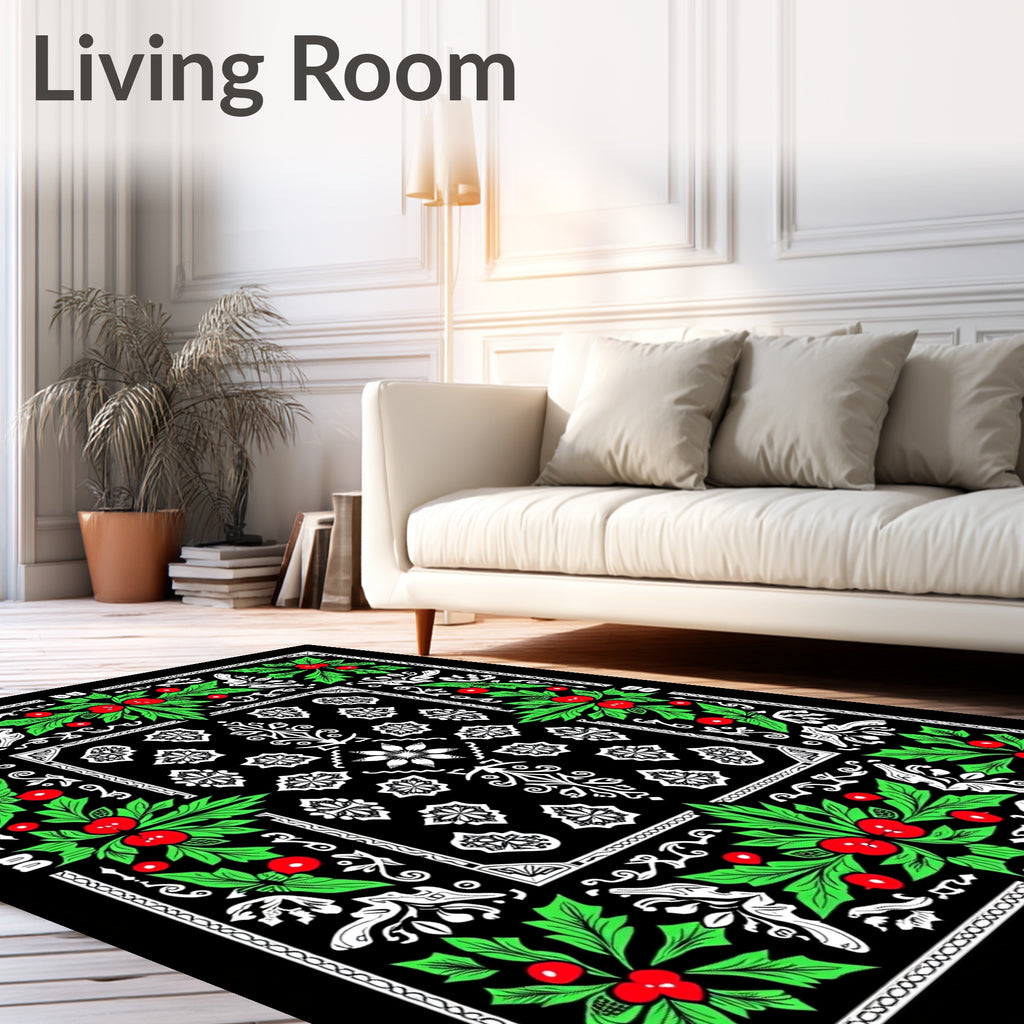 Black Holly Berry Floral Border Rug