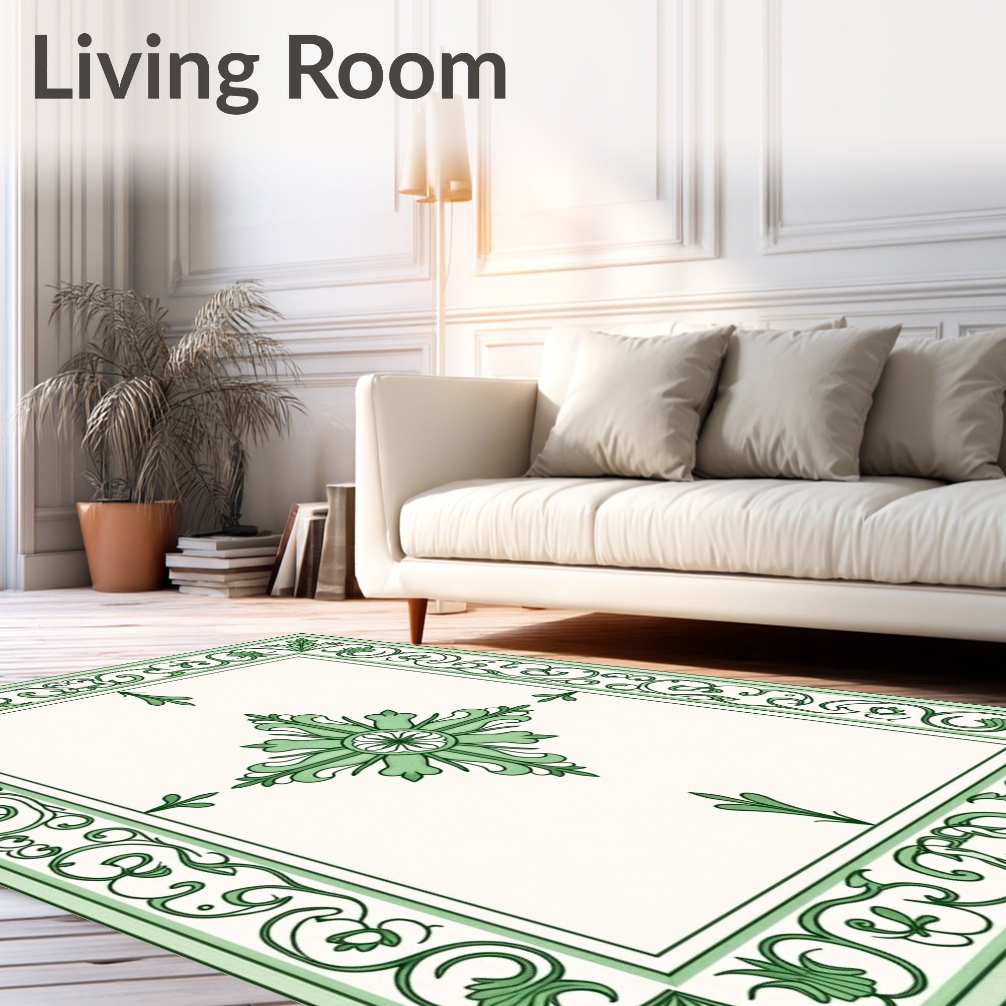 Ornate Green Floral Border Design Rug