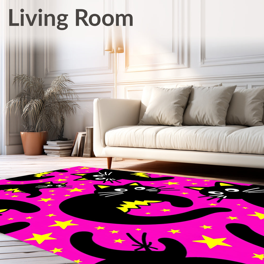 Playful Black Cats Stars Pattern Rug