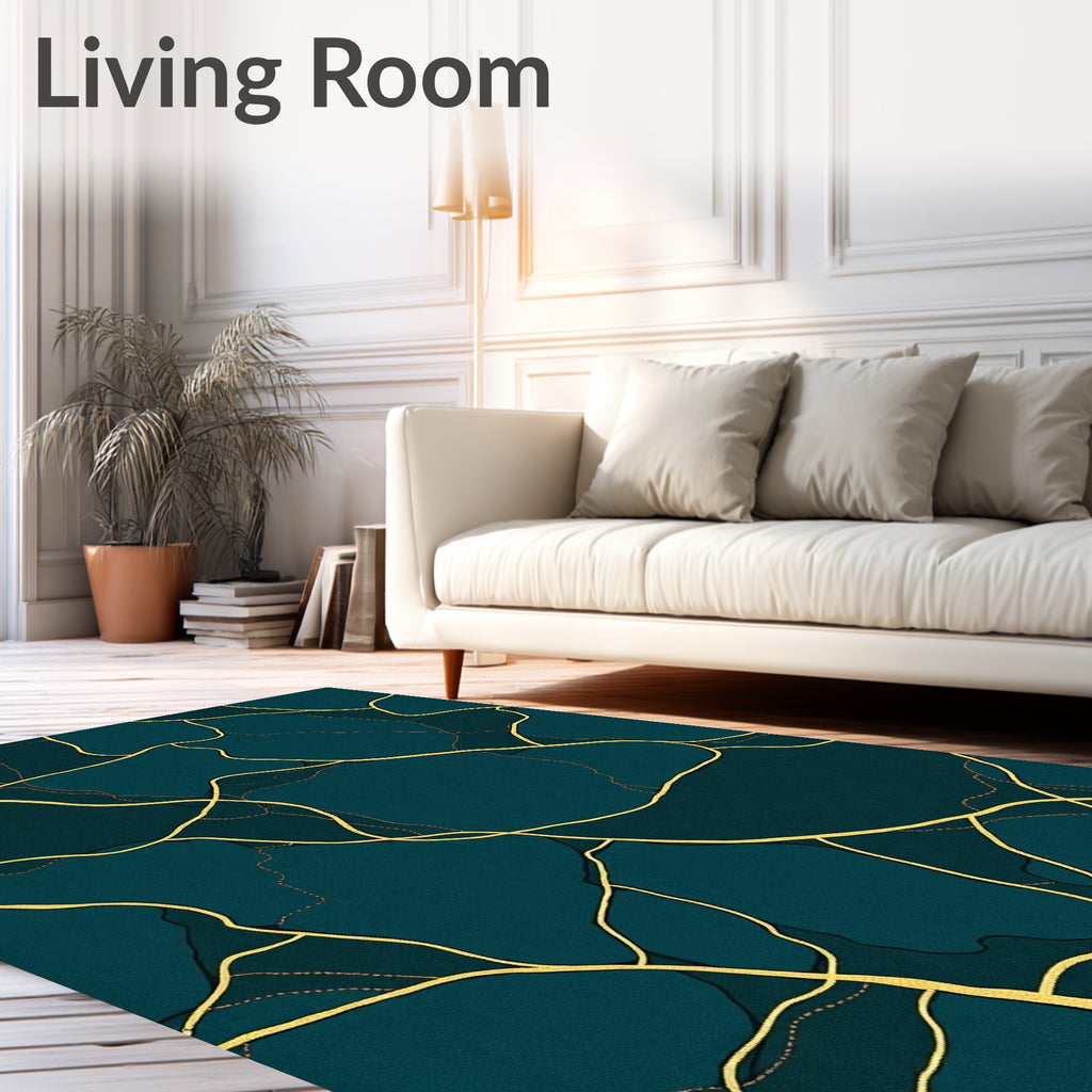 Deep Teal Gold Vein Pattern Rug