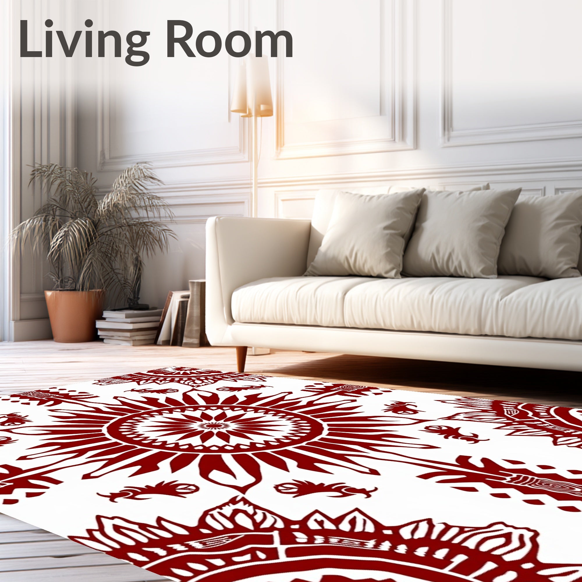 Deep Red Sunburst Mandala Botanical Design Rug
