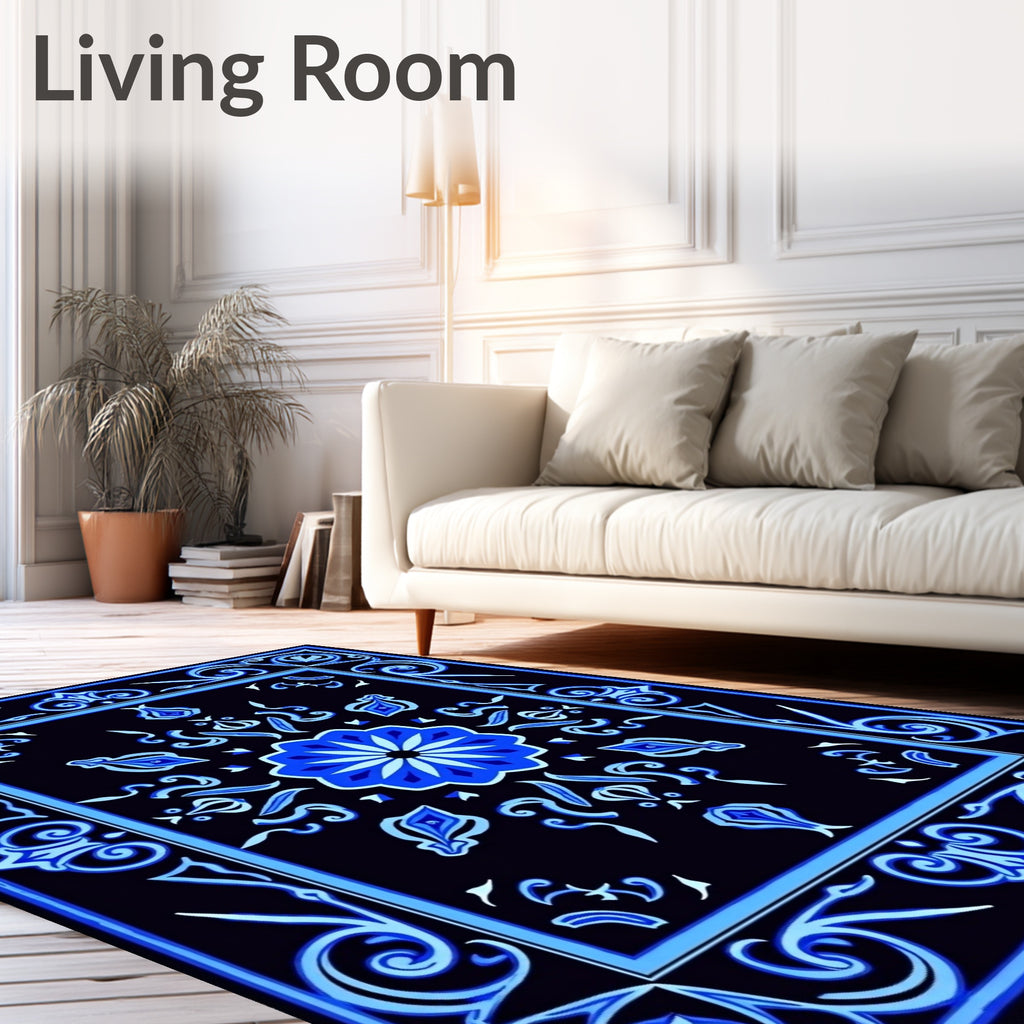 Vibrant Blue Paisley Floral Patterned Rug