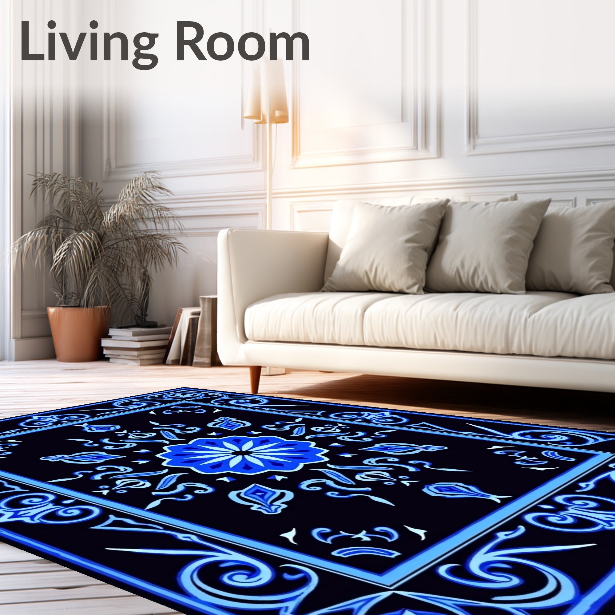Vibrant Blue Paisley Floral Patterned Rug