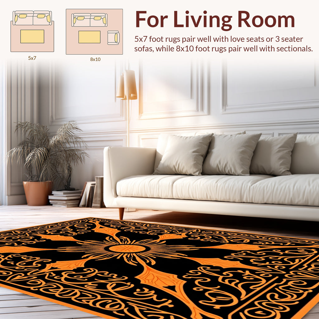 Orange Black Floral Sunburst Pattern Rug