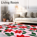 Red Poinsettia Floral Pink Background Rug