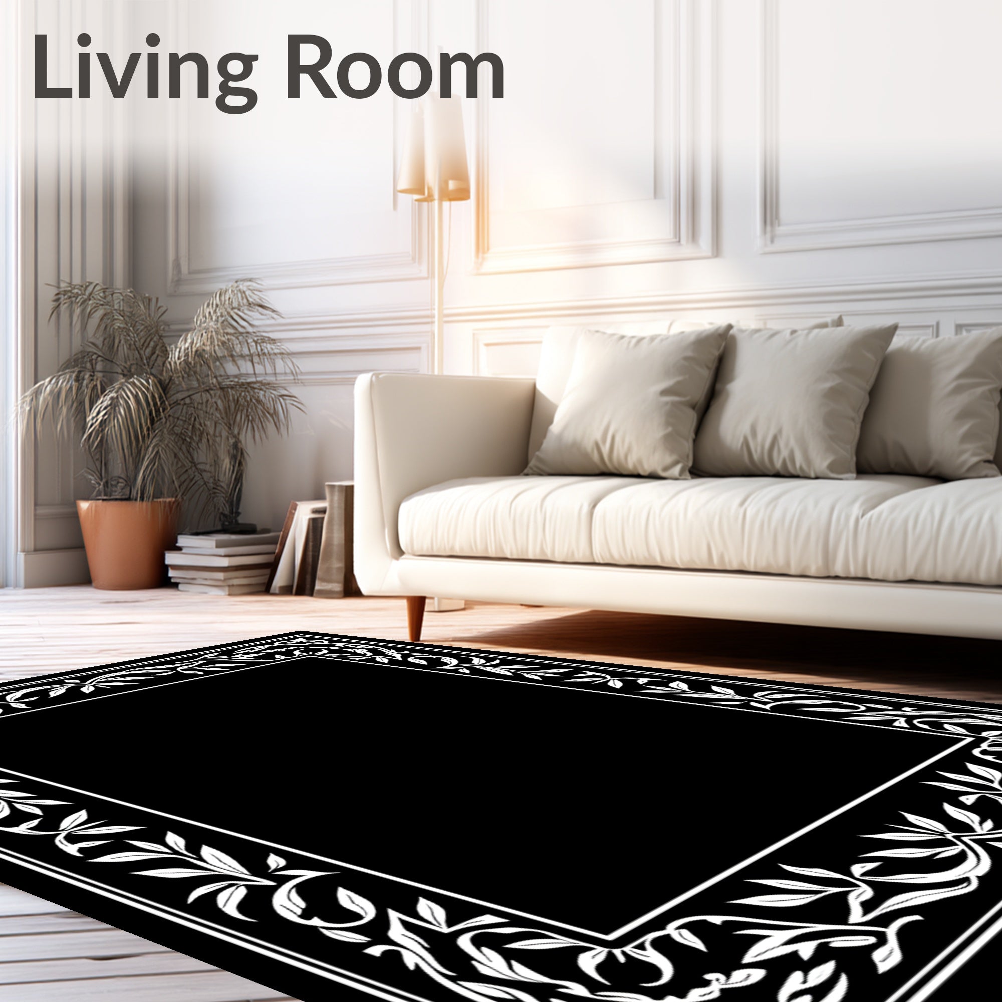 Elegant White Leaf Border Design Rug