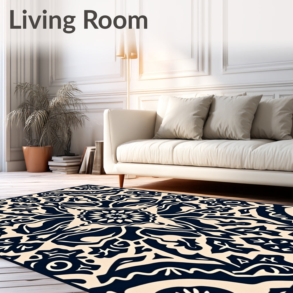 Dark Navy Cream Intricate Floral Pattern Rug