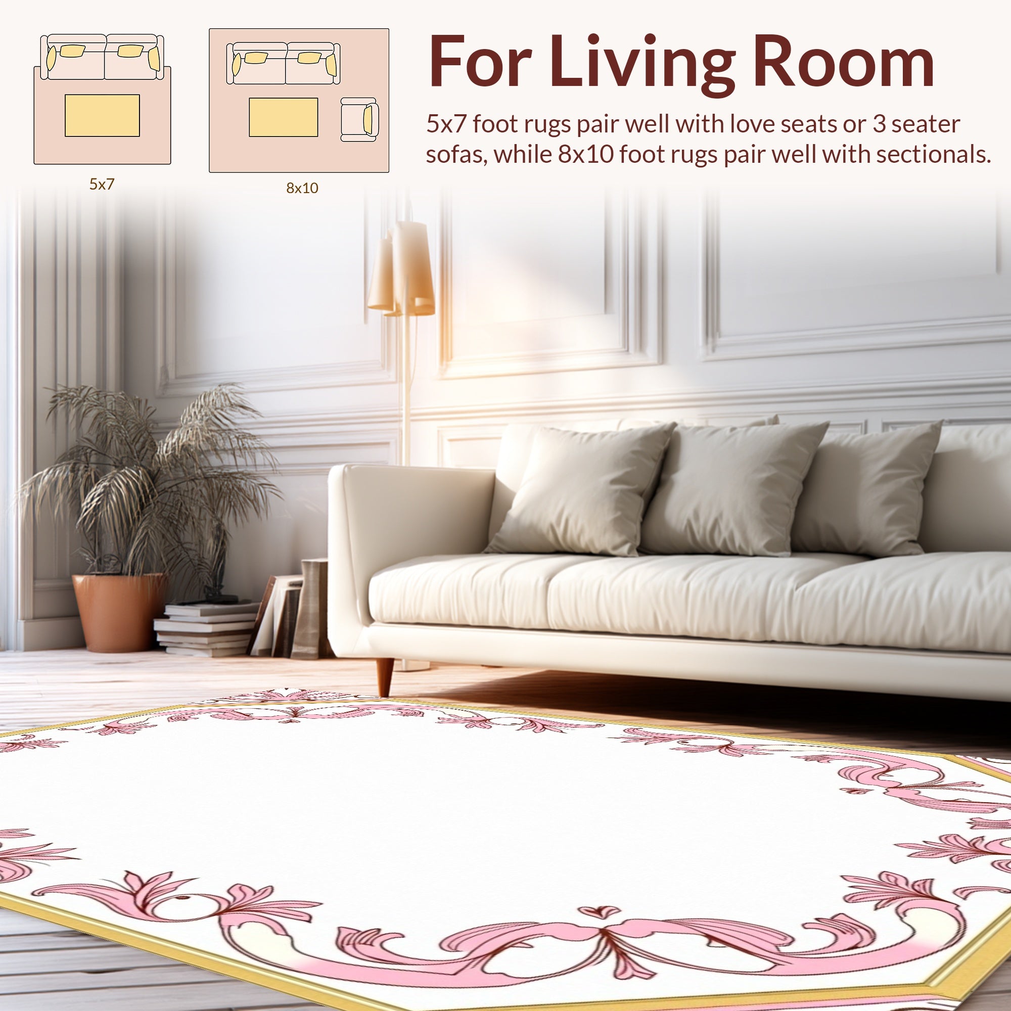 Ornate Pink Gold Floral Design Rug
