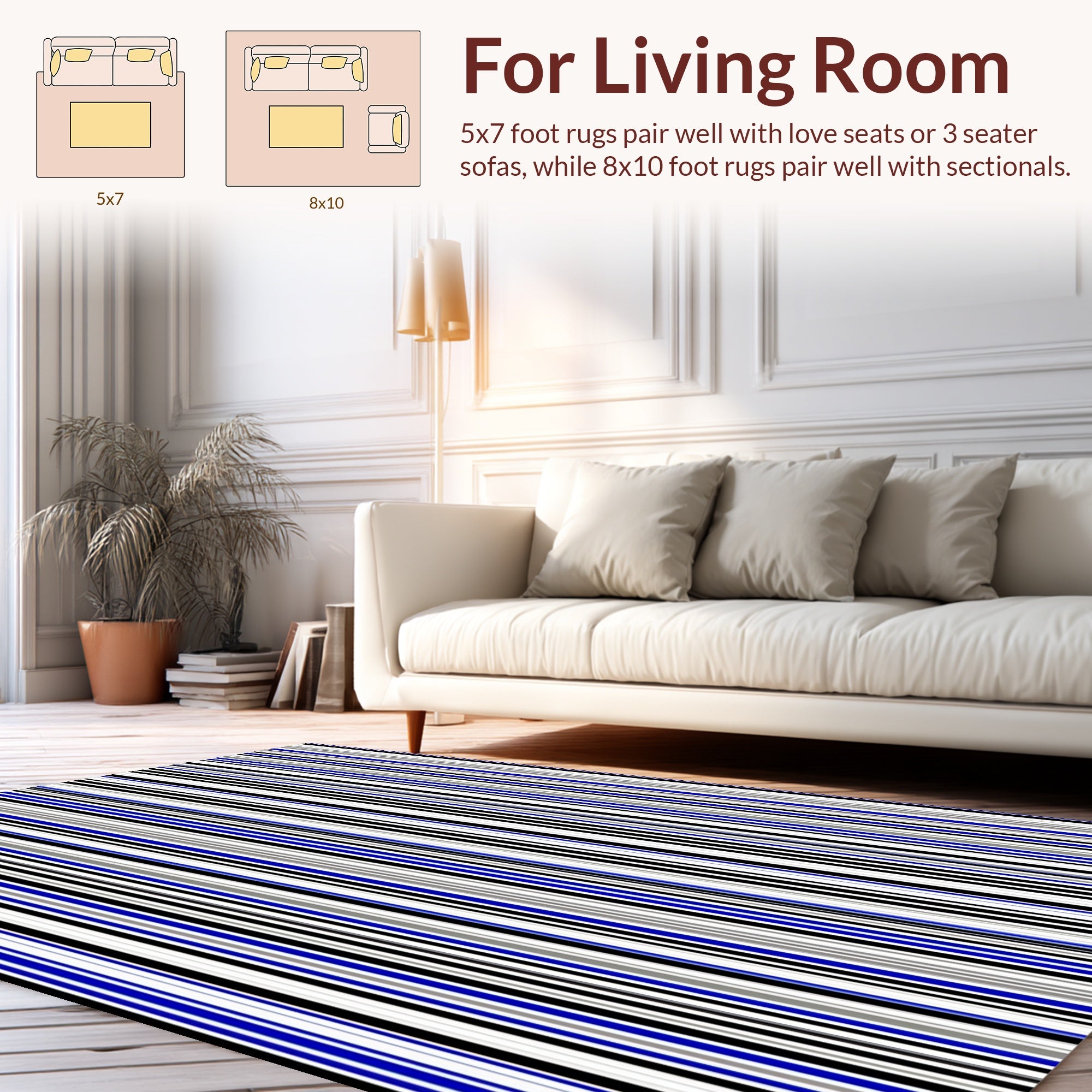 Vertical Blue Black White Stripes Pattern Rug