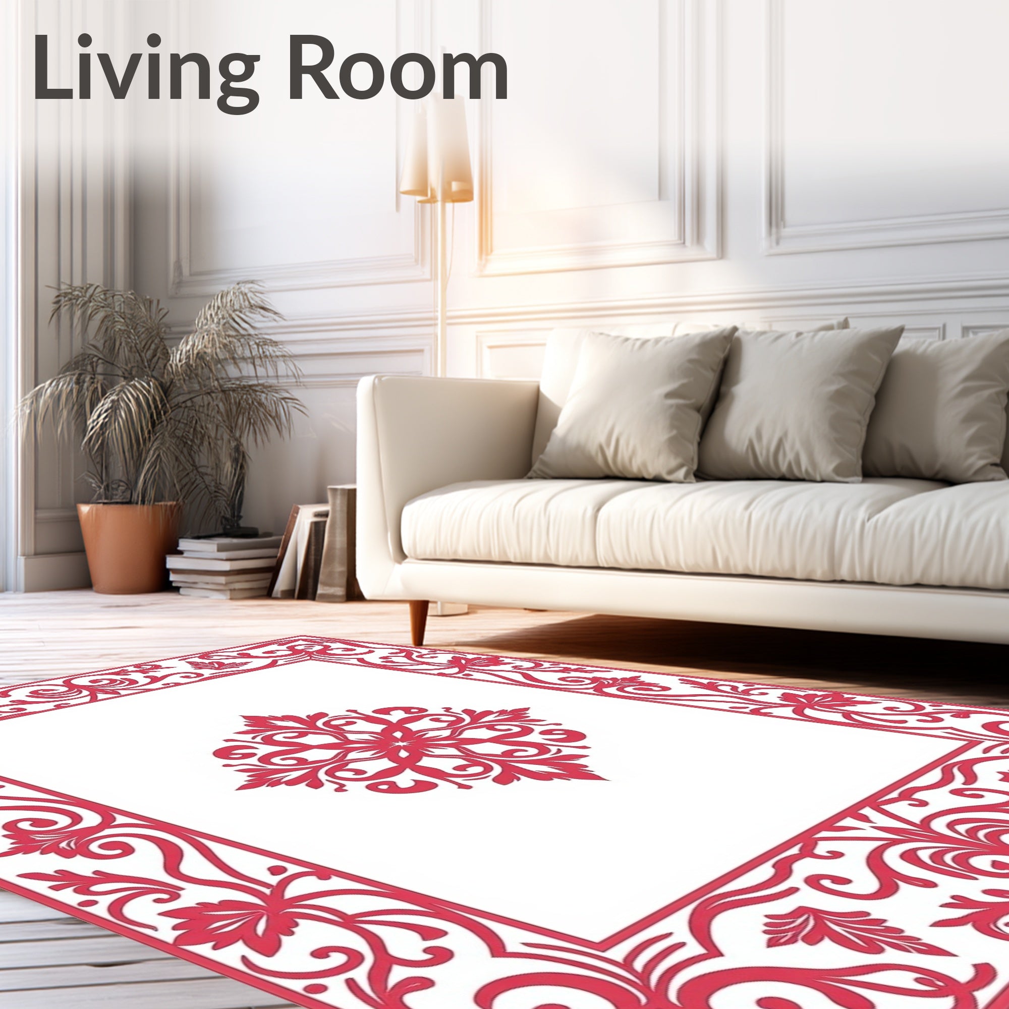 Red Floral Scrollwork Frame Design Rug
