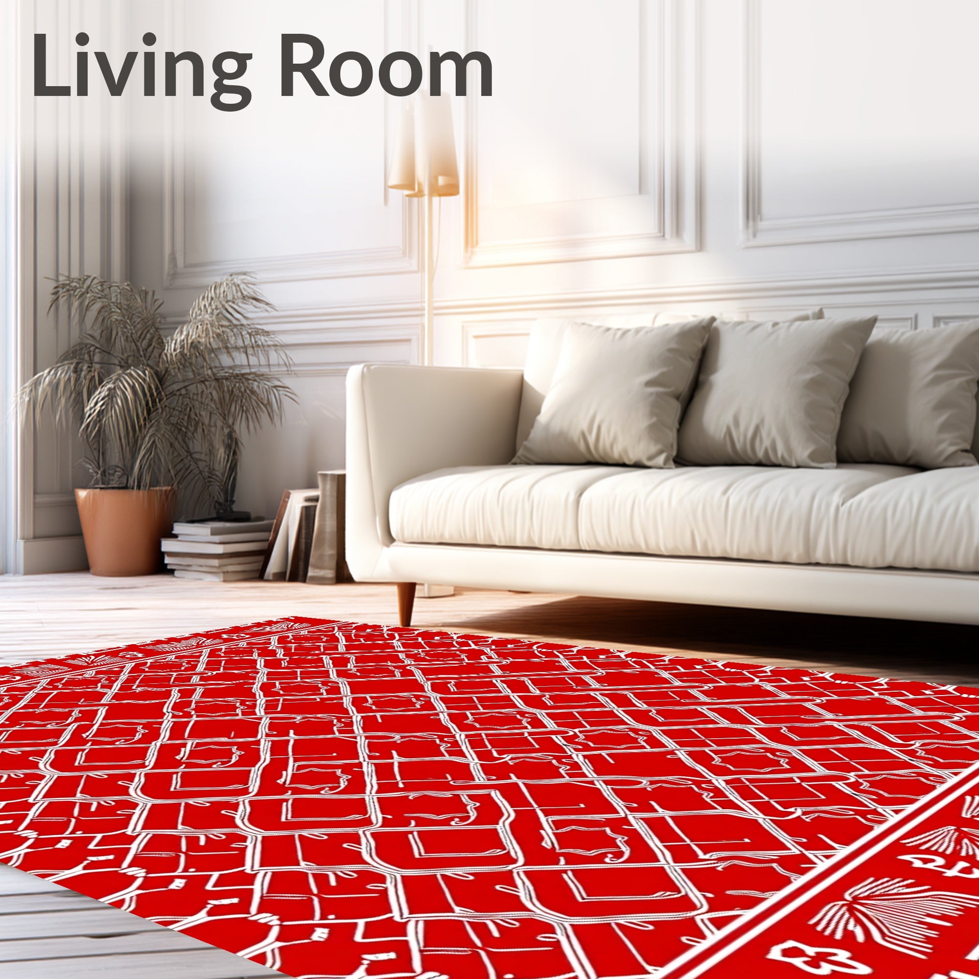 Bold Red White Interlocking Geometric Pattern Rug