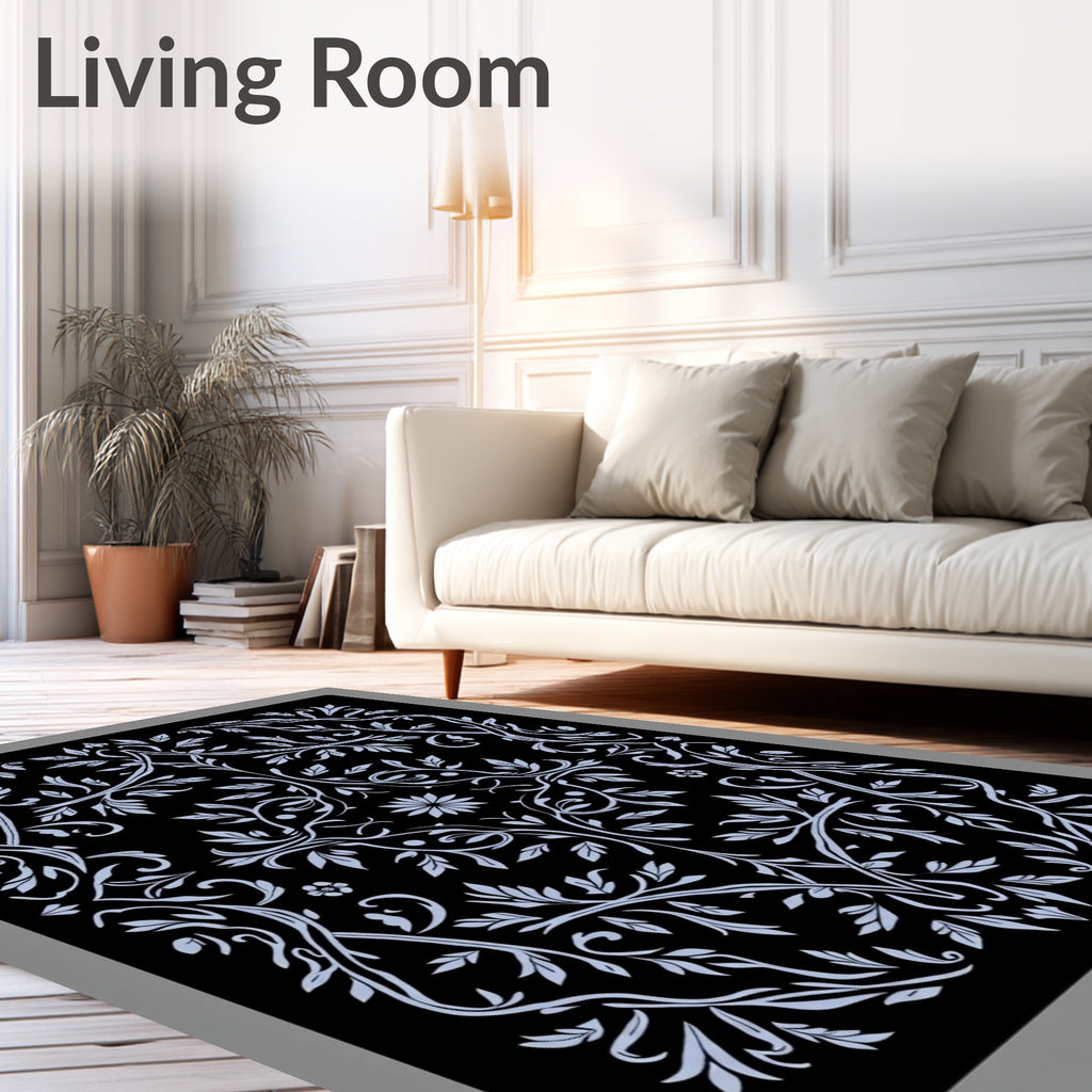 Ornate Black And White Floral Scroll Rug