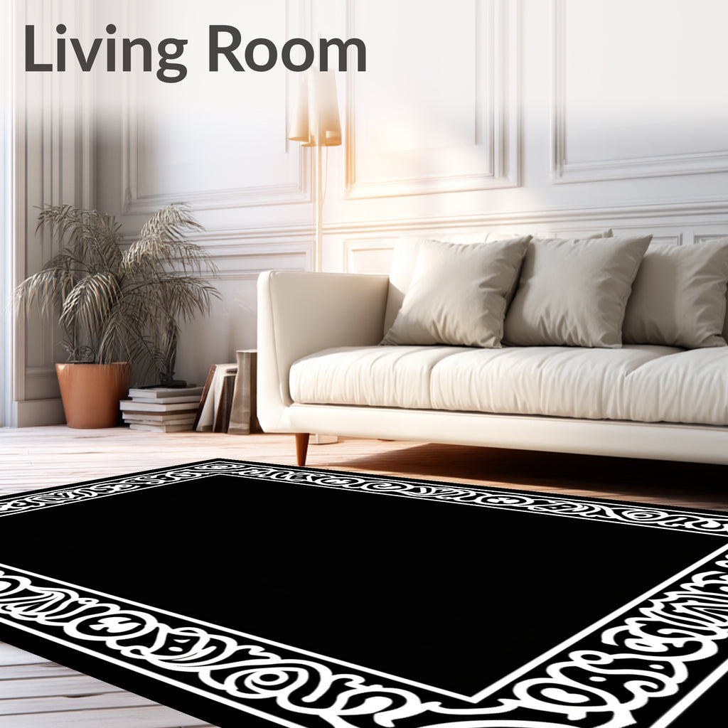 Black White Ornate Scroll Border Rug