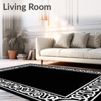 Black White Ornate Scroll Border Rug