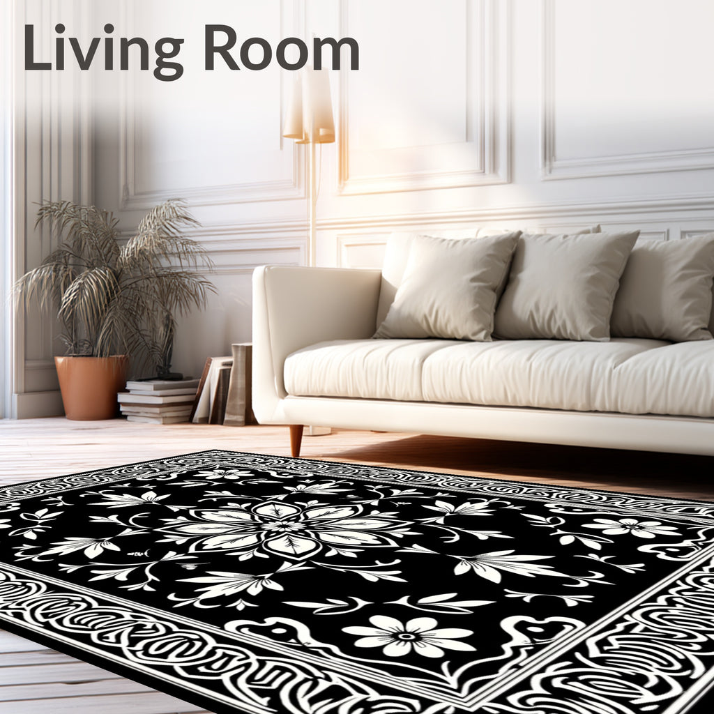Black White Floral Medallion Tapestry Design Rug