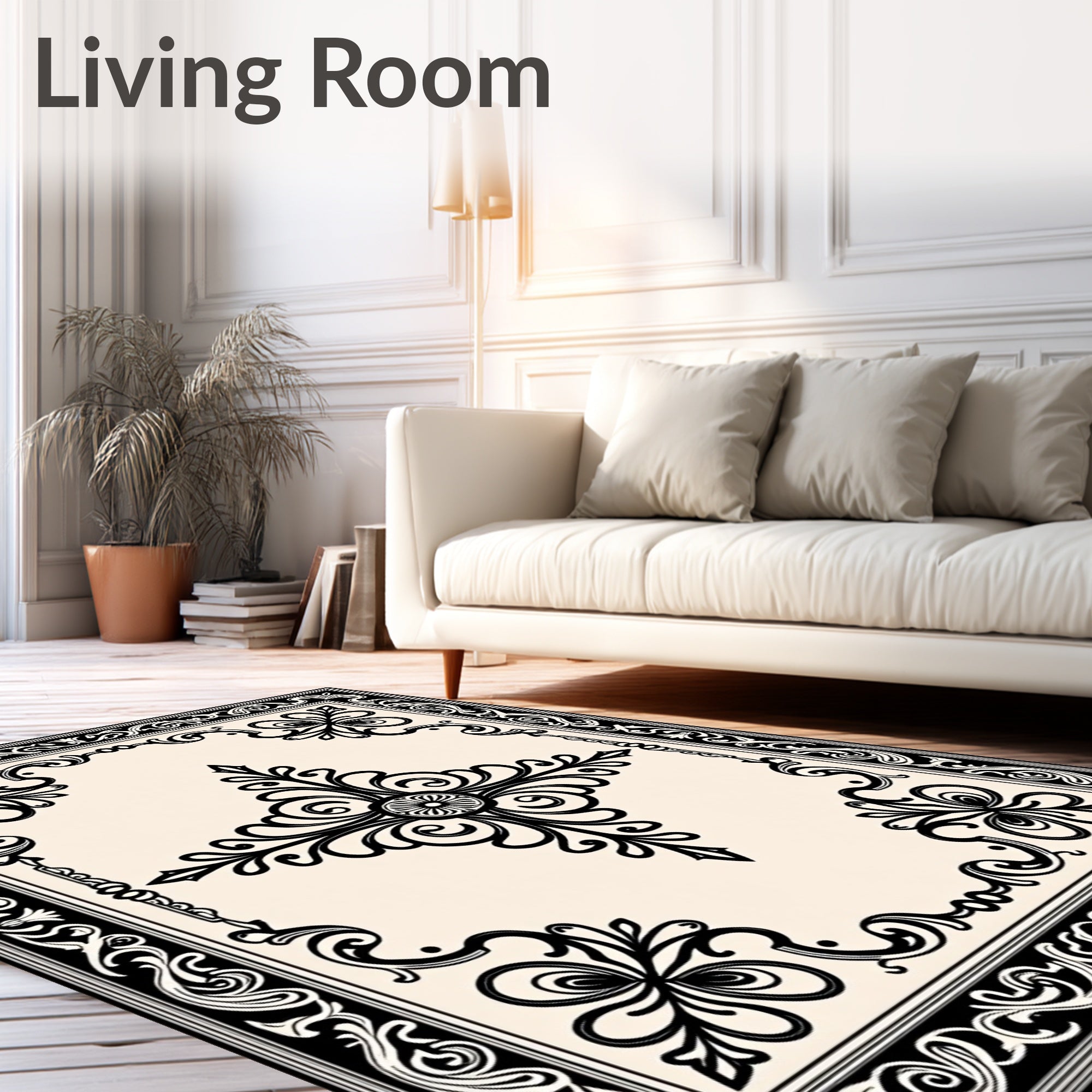 Ornate Black Floral Swirl Pattern Rug