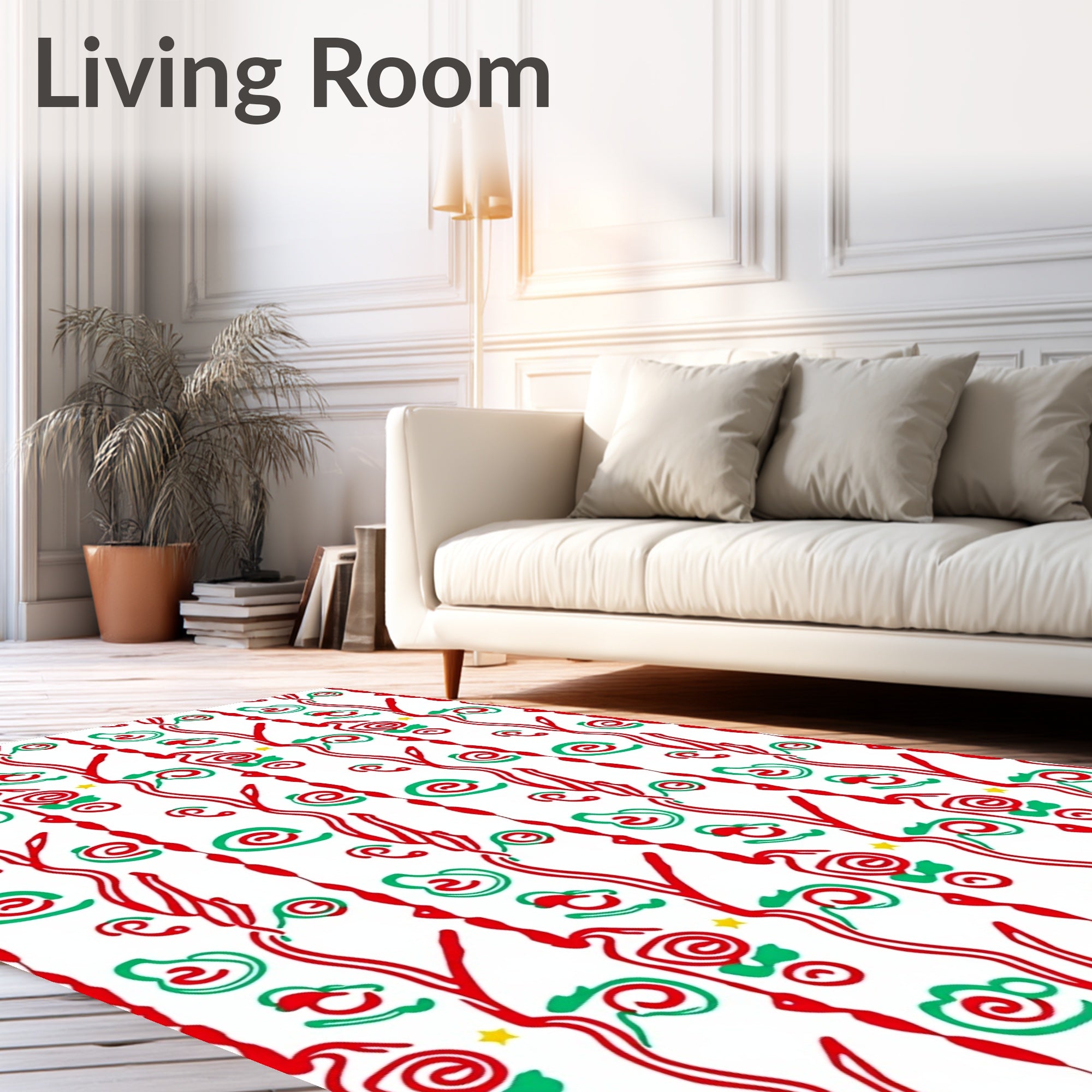 Red Green Whimsical Swirl Star Rug