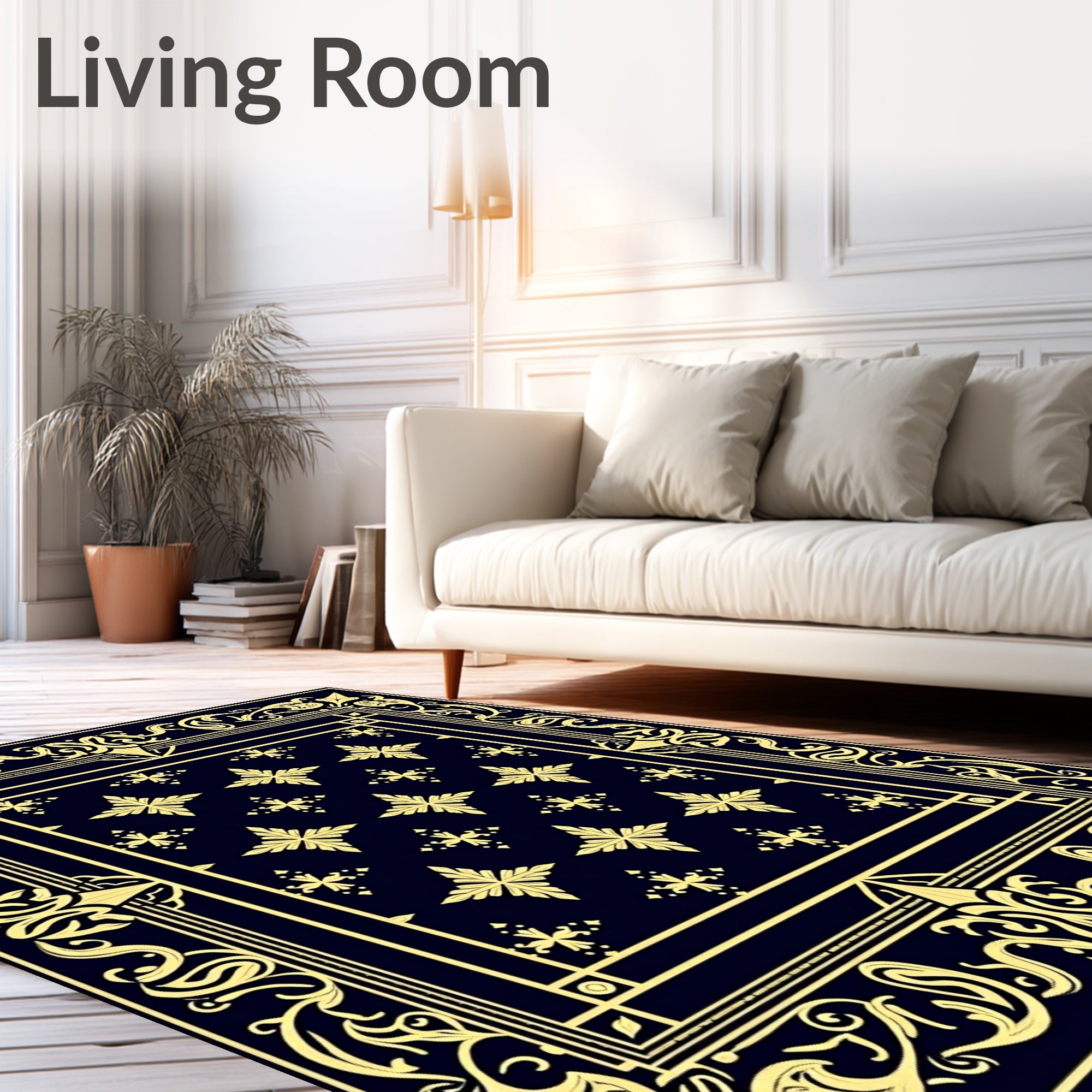 Navy Gold Floral Ornate Border Rug