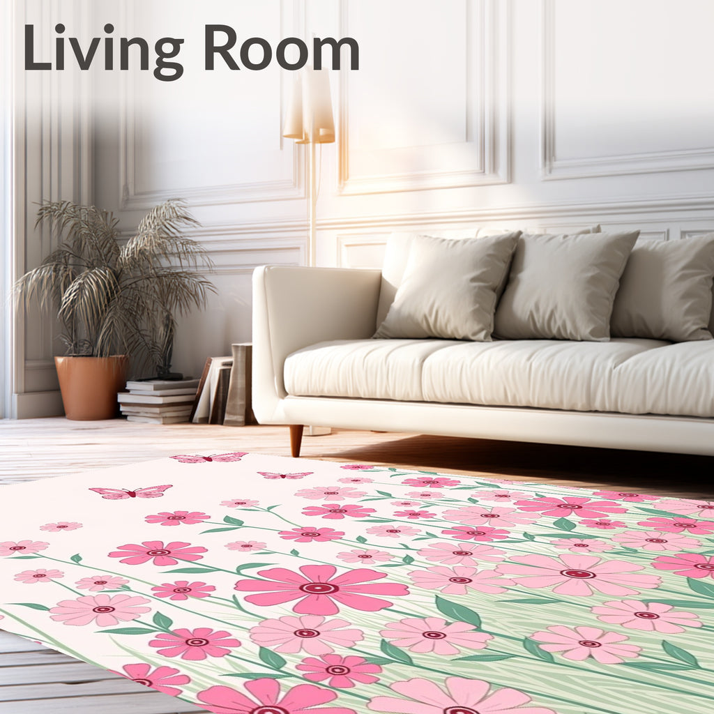 Pink Flower Meadow Butterflies Repeat Pattern Rug