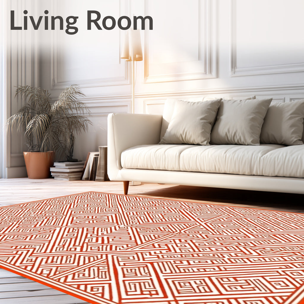 Red Linear Intricate Maze Pattern Rug