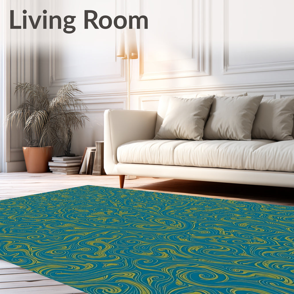 Teal Gold Swirl Floral Pattern Rug