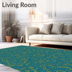 Teal Gold Swirl Floral Pattern Rug