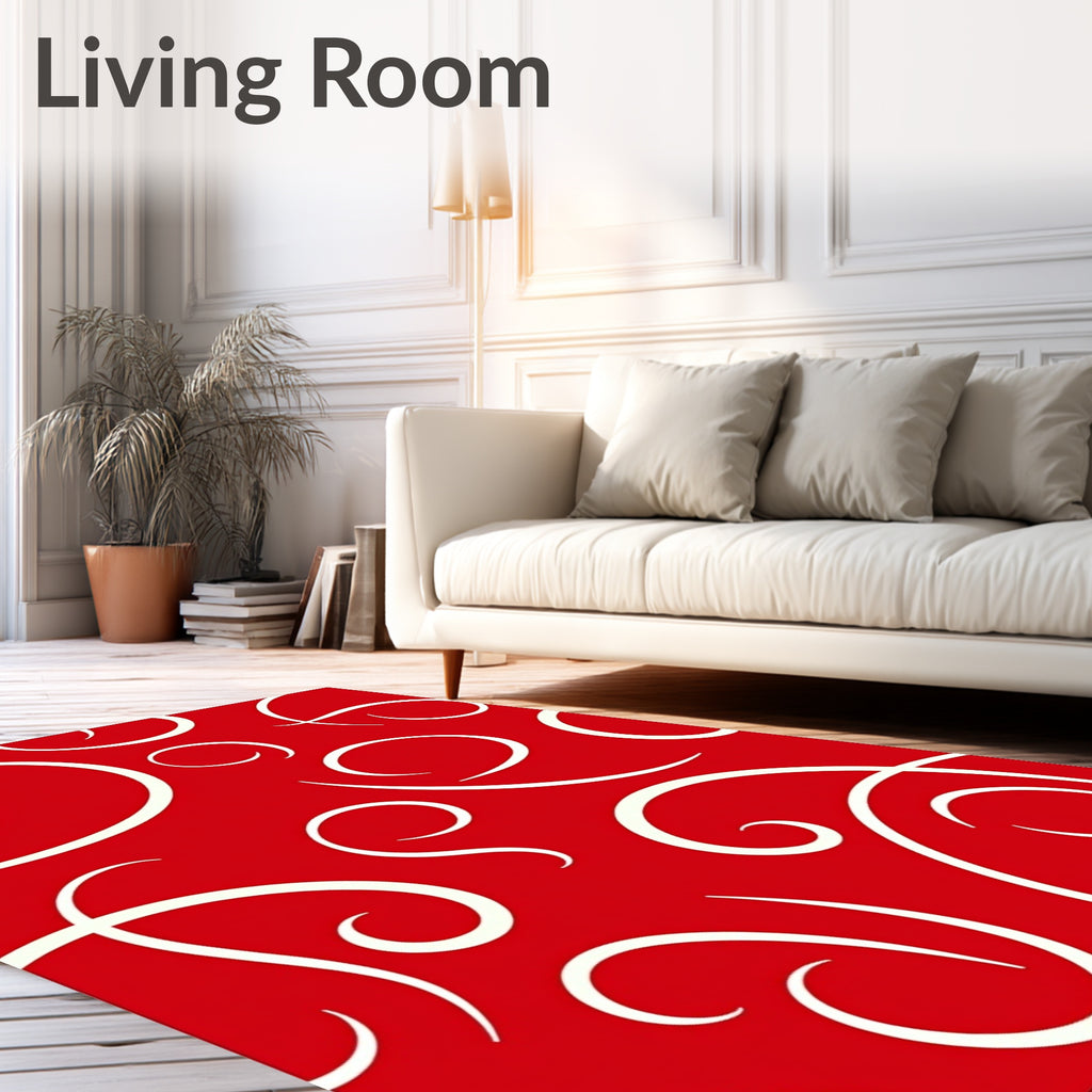 Whimsical Red White Swirl Design Rug