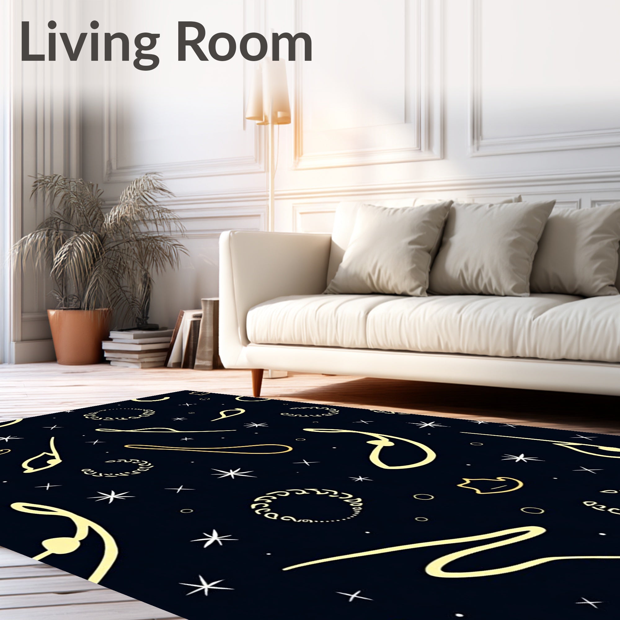 Celestial Gold Swirls and Stars Rug
