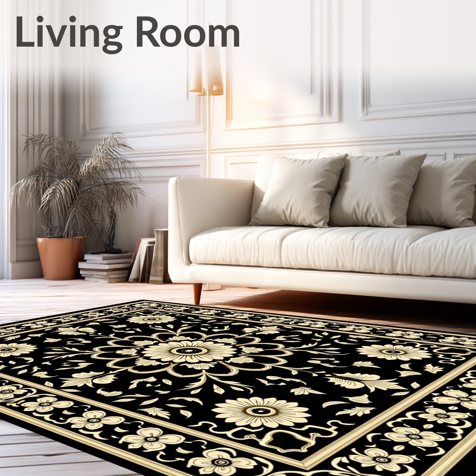Ornate Floral Black Cream Pattern Rug