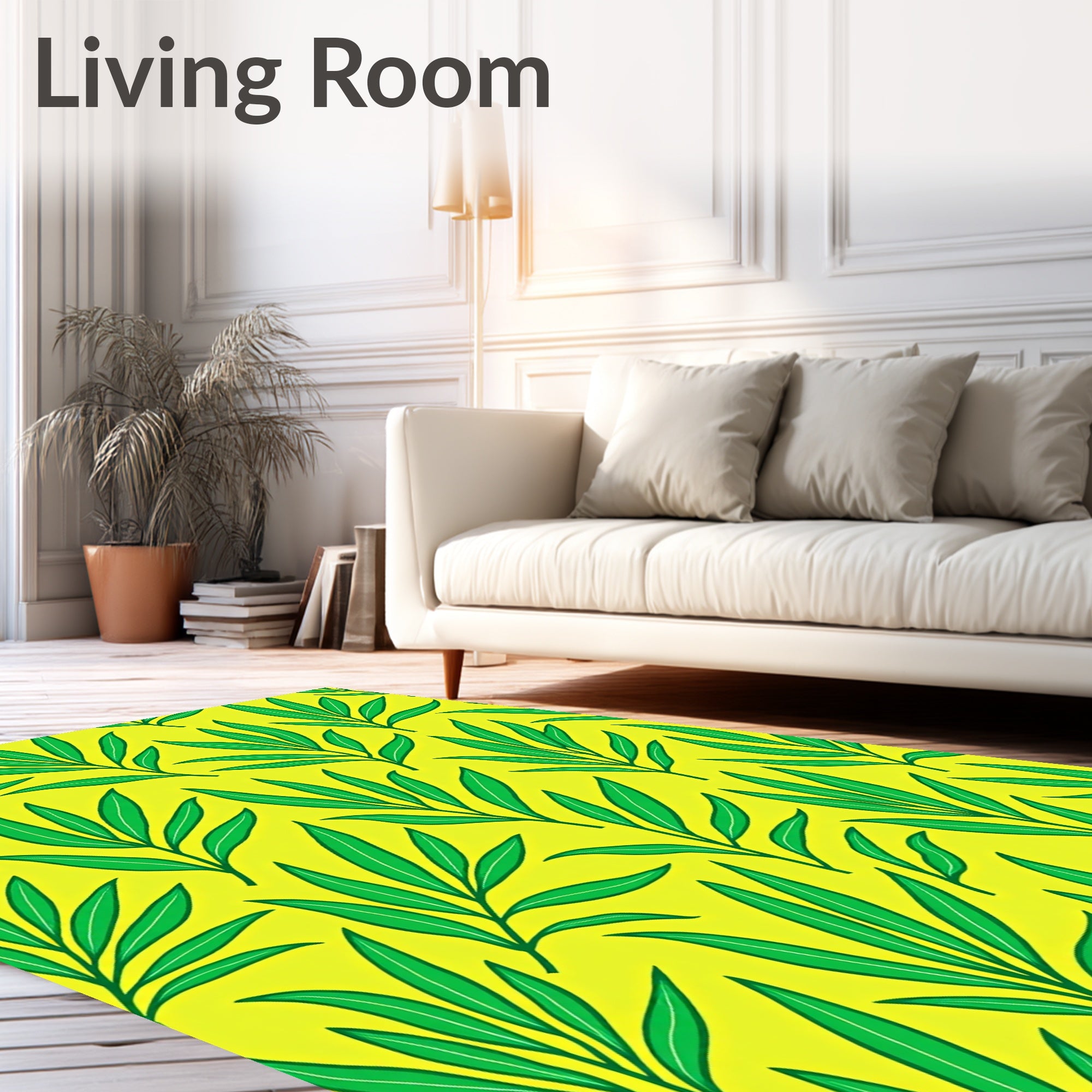 Green Leaf Pattern On Yellow Background Rug