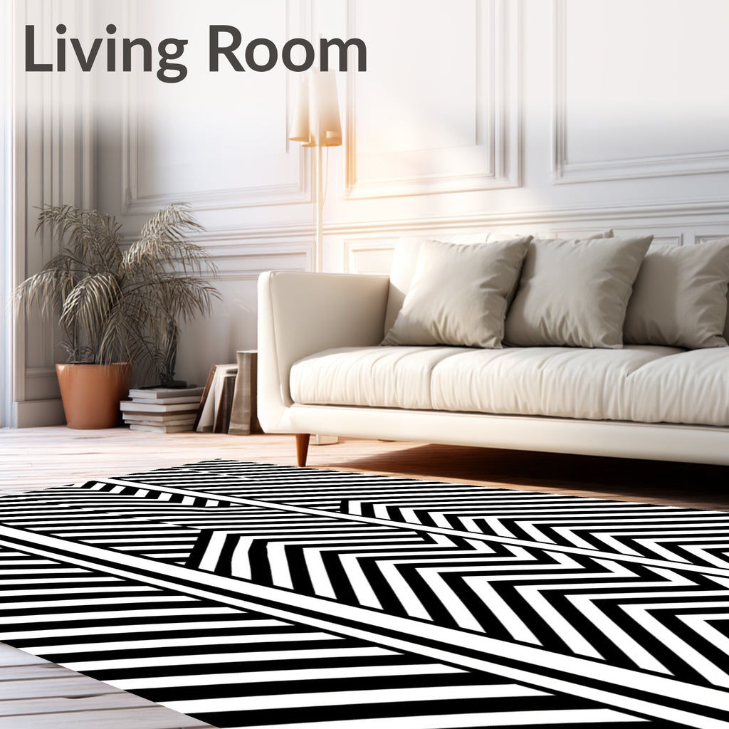 Geometric Sheen Black White Stripes Rug