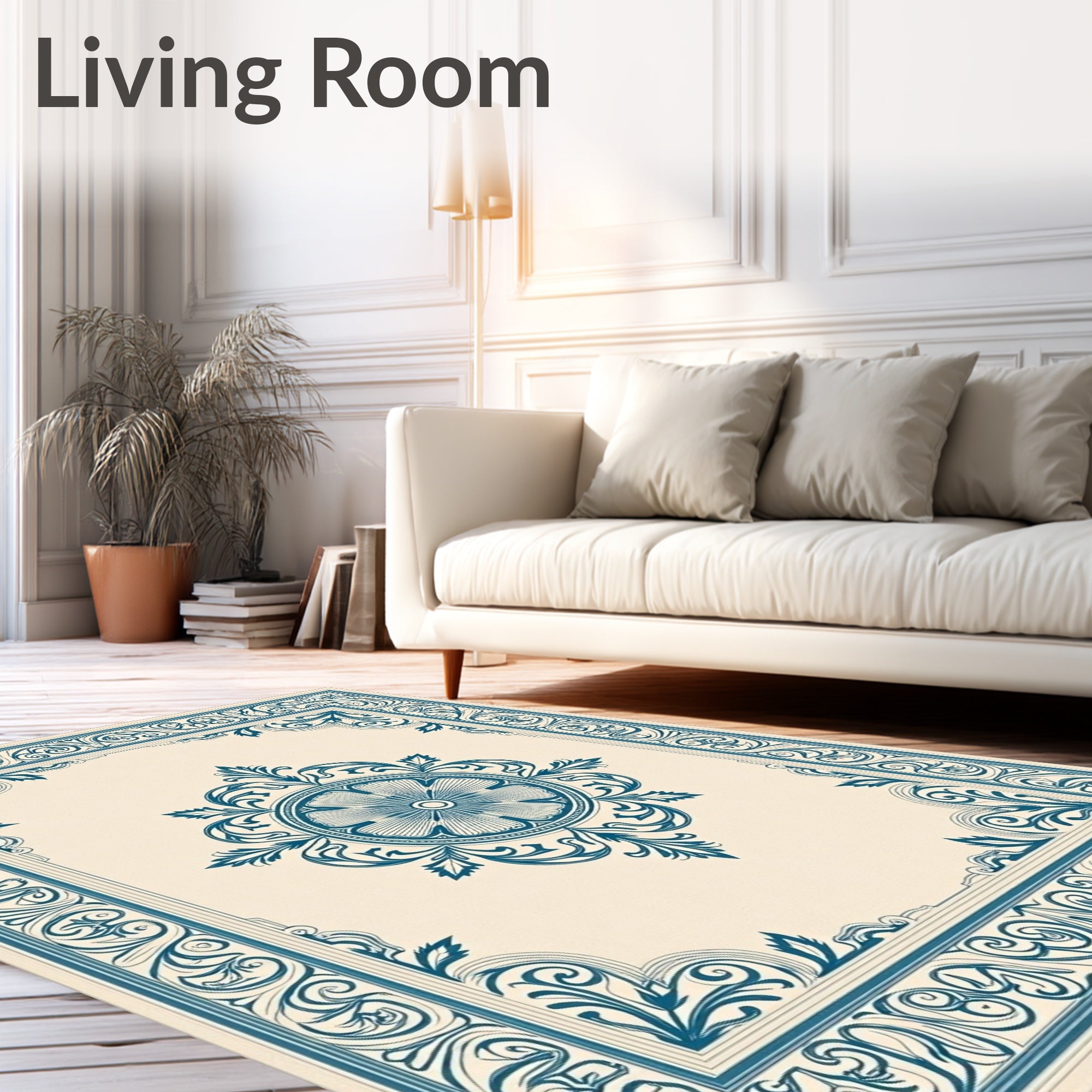 Ornate Floral Medallion Scroll Border Rug