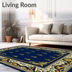Ornate Gold Navy Floral Scroll Rug