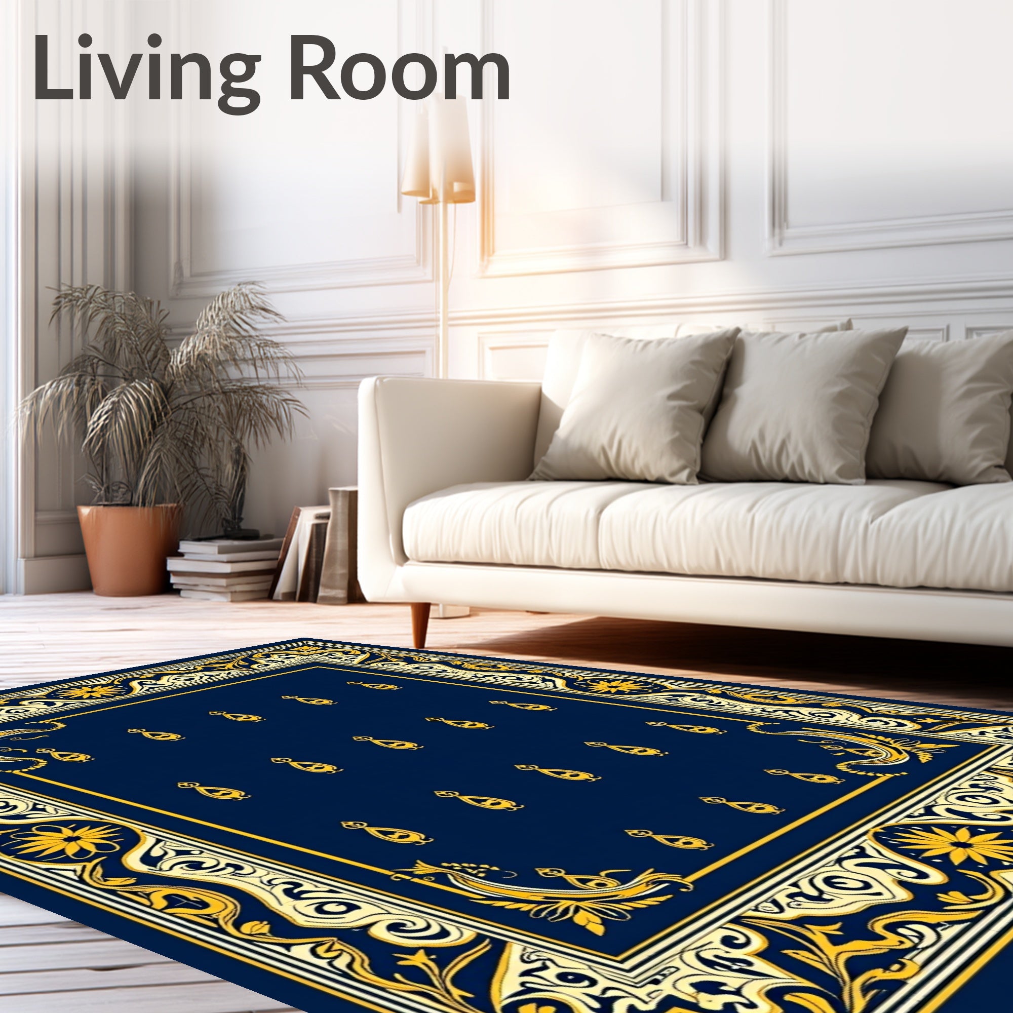 Ornate Gold Navy Floral Scroll Rug