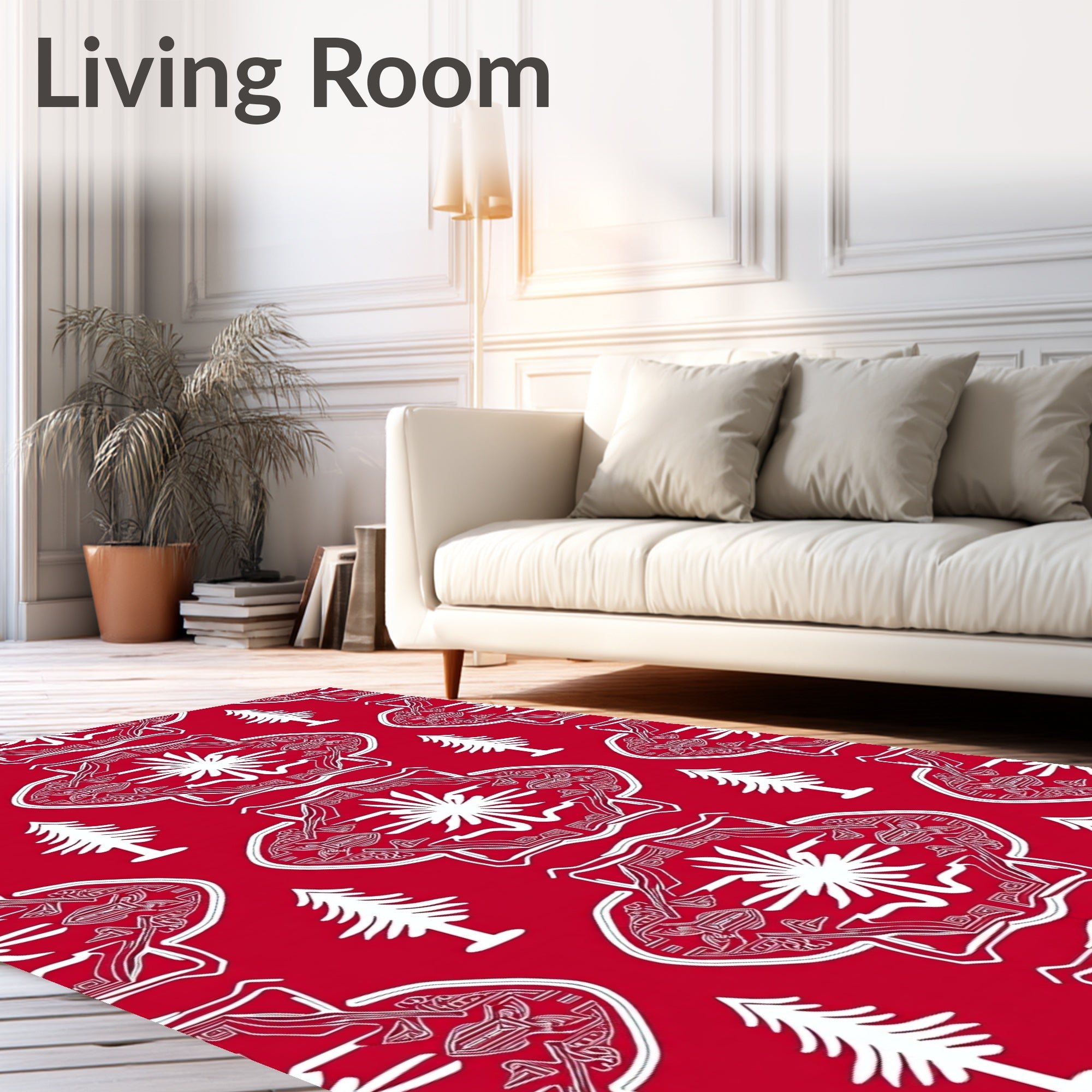 Red White Abstract Geometric Tree Pattern Rug