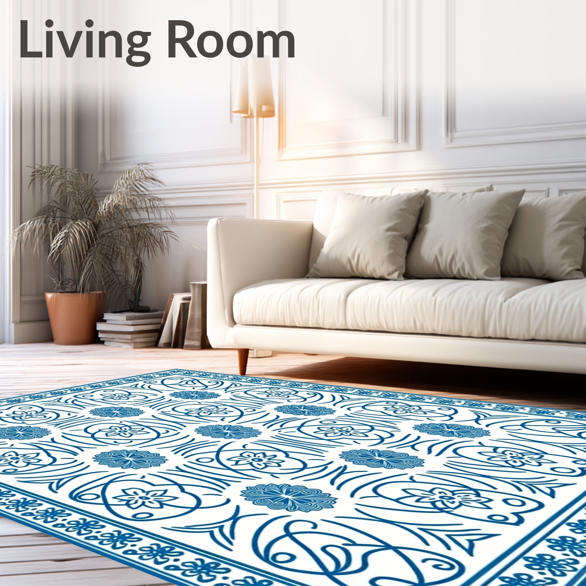 Floral Vine Patterned Blue Rug