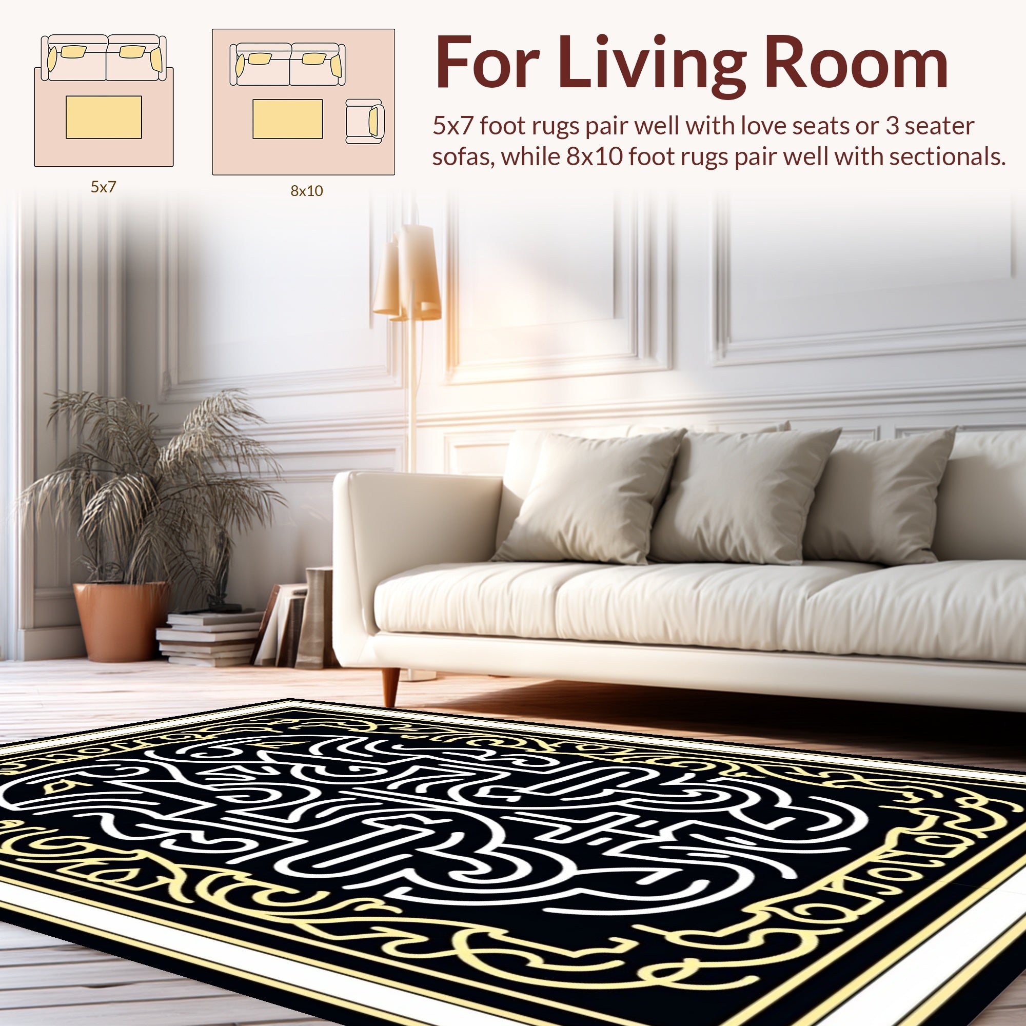 Intricate Black Yellow Abstract Design Rug