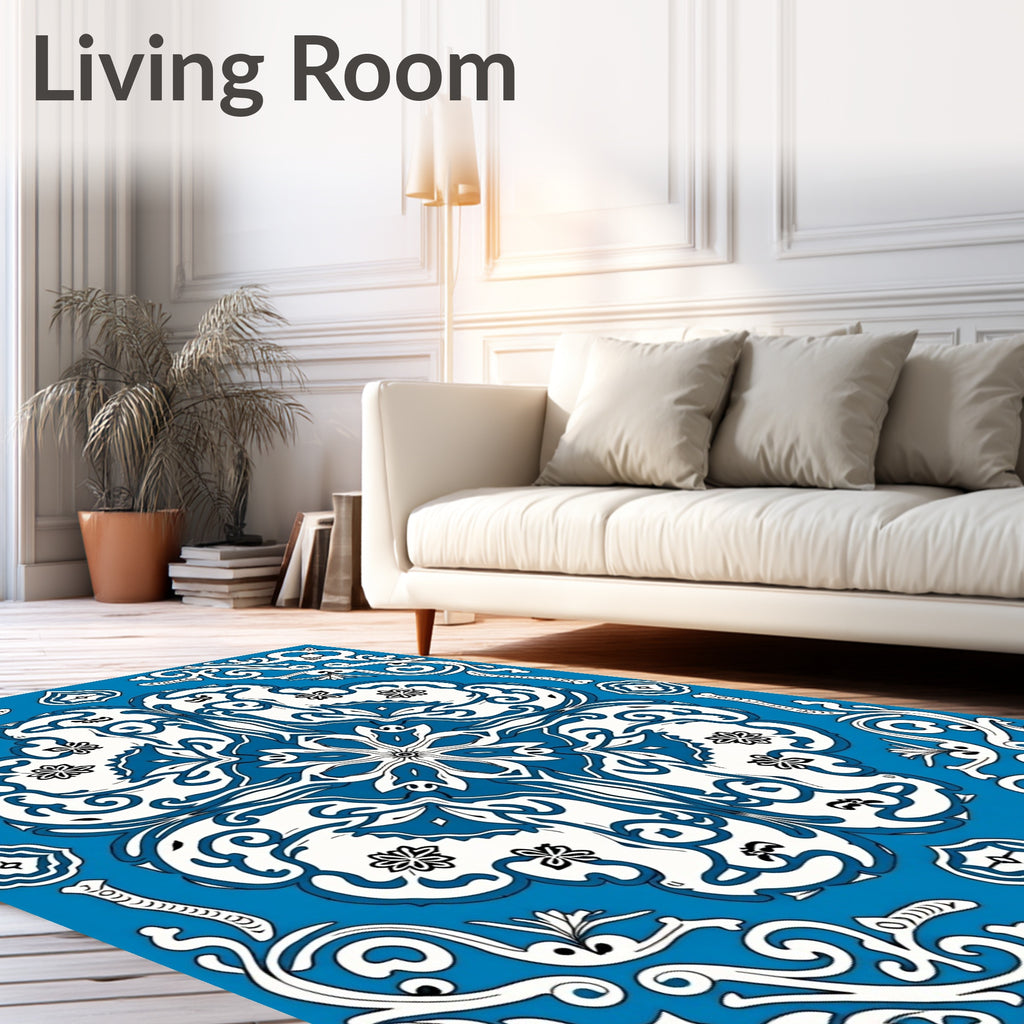 Blue White Intricate Floral Pattern Rug