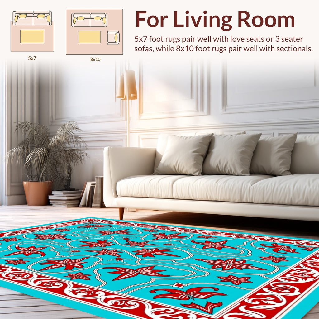Turquoise Red Floral Medallion Border Rug