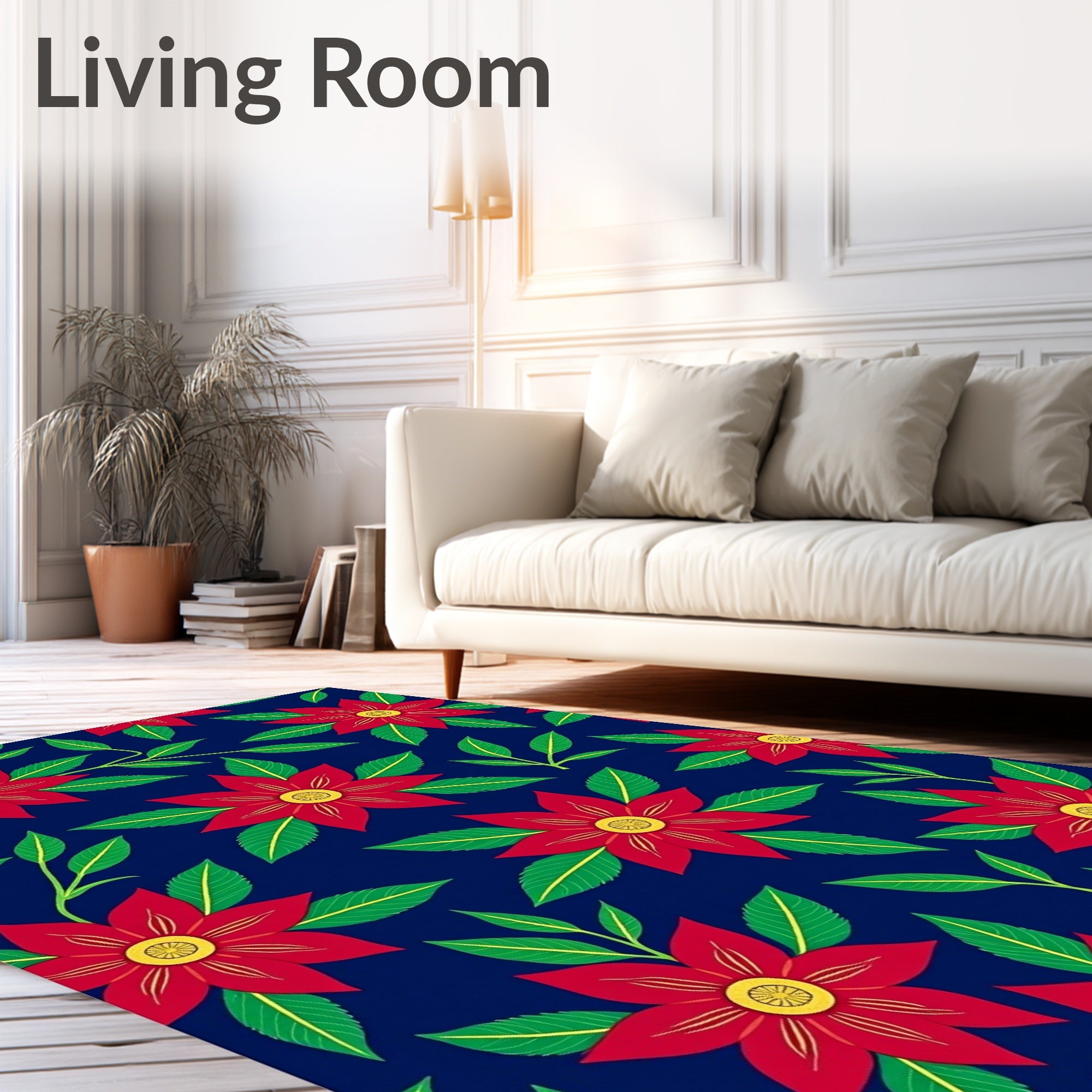 Red Floral Pattern On Navy Rug