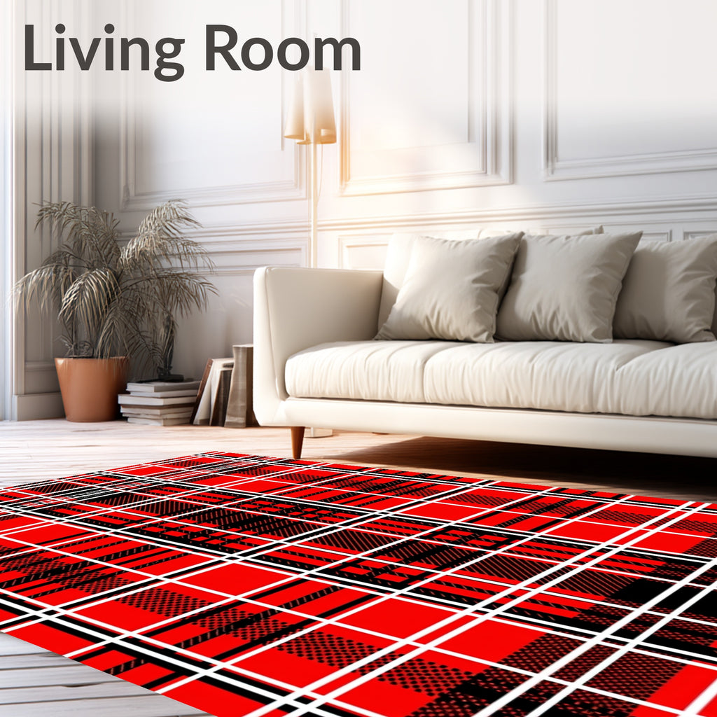 Bold Red Black White Plaid Pattern Rug