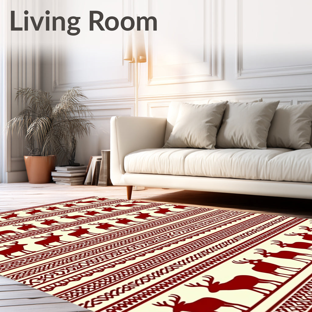 Deep Red Deer Patterned Ethnic Rug