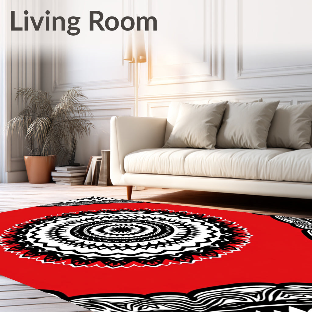 Bold Black White Red Mandala Pattern Rug