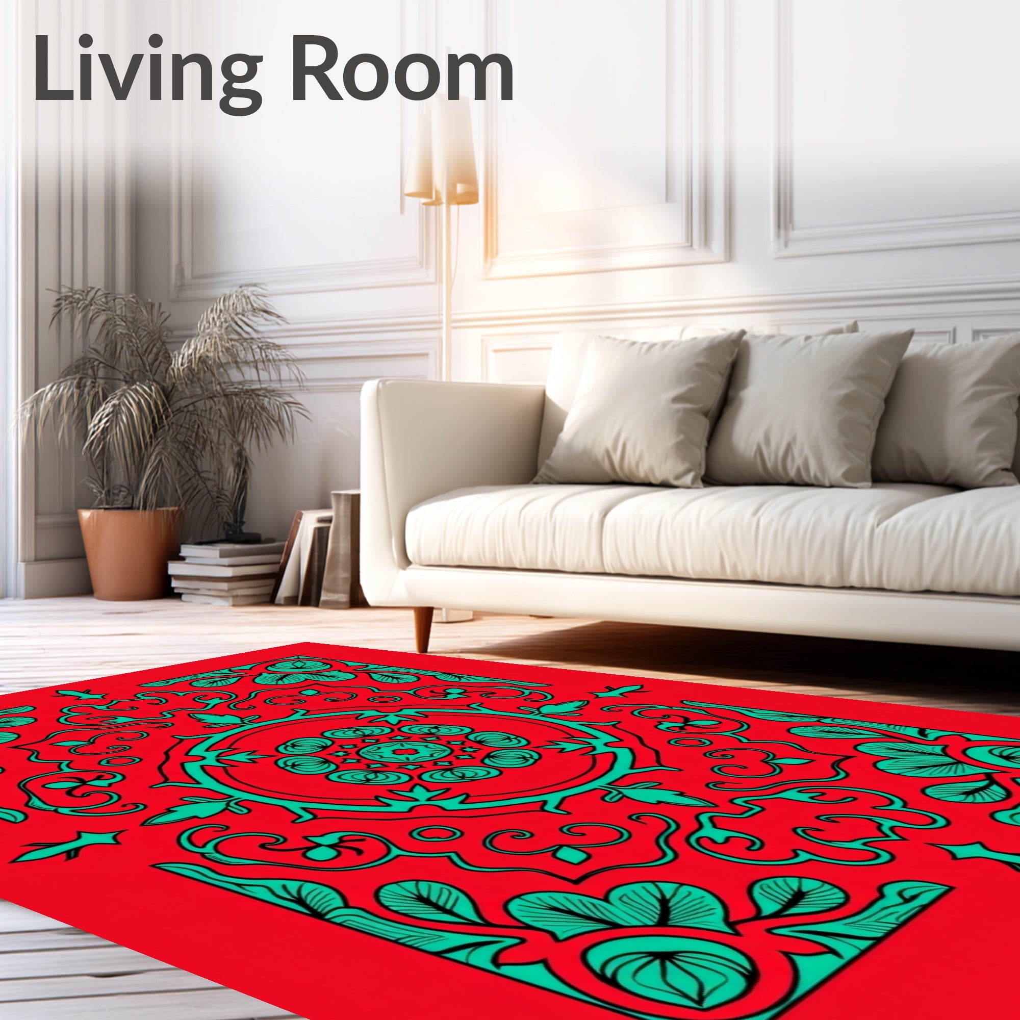 Red Teal Floral Mandala Pattern Rug