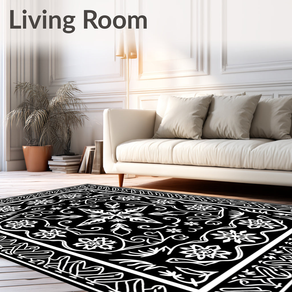 Elaborate Black White Floral Mandala Rug