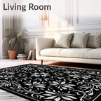 Ornate Black White Floral Scrollwork Rug